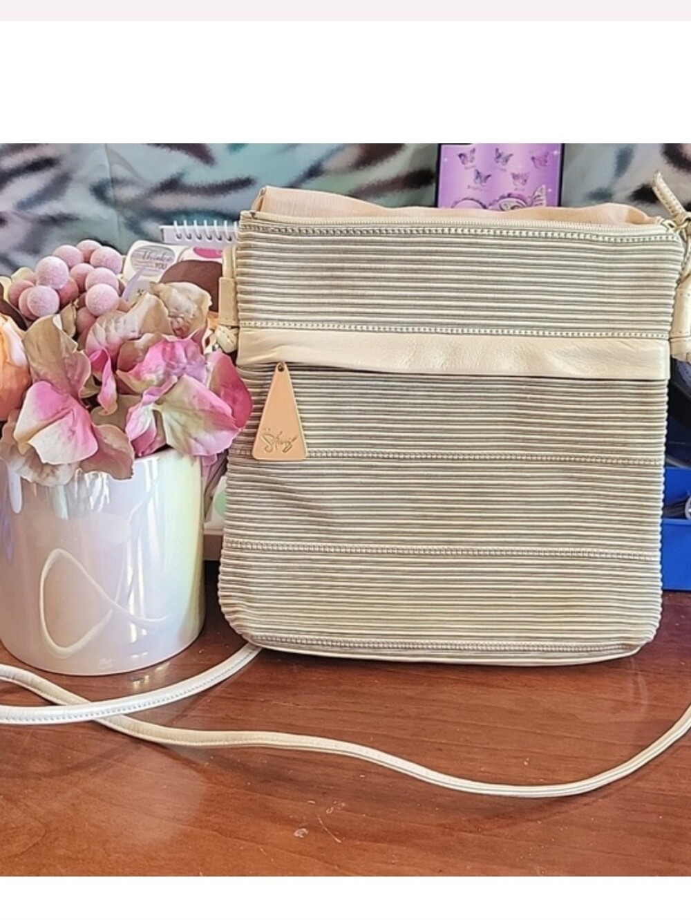 Sharif Americana Ribbed  Corded Crossbody Bag W/ Textured Stripe Design EUC